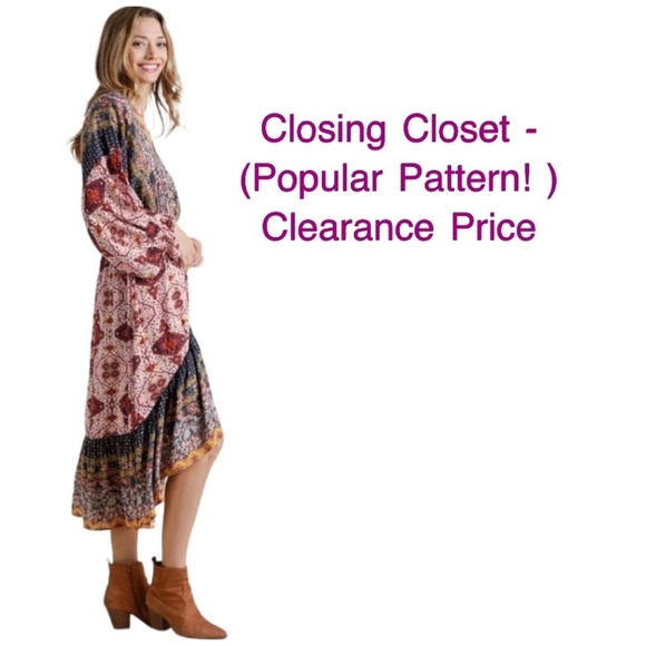 CLEARANCE- Small Umgee Boho Gypsy Multi-Print Midi-Dress - Picture 1 of 5